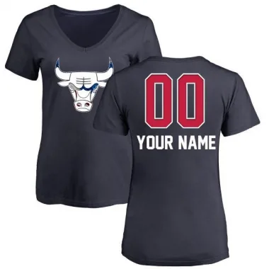 Navy Women's Custom Chicago Bulls Name and Number Banner Wave V-Neck T-Shirt